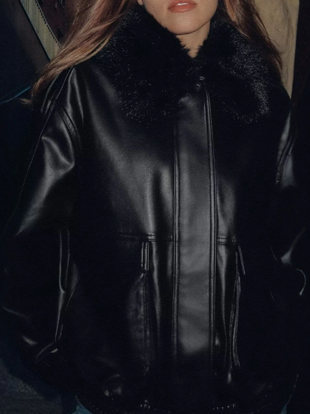 Detachable Fake Fur Collar Leather Jacket Yellow Stone Dad Style American Retro Women's Short Outerwear Commute Style Loose Fit view 2