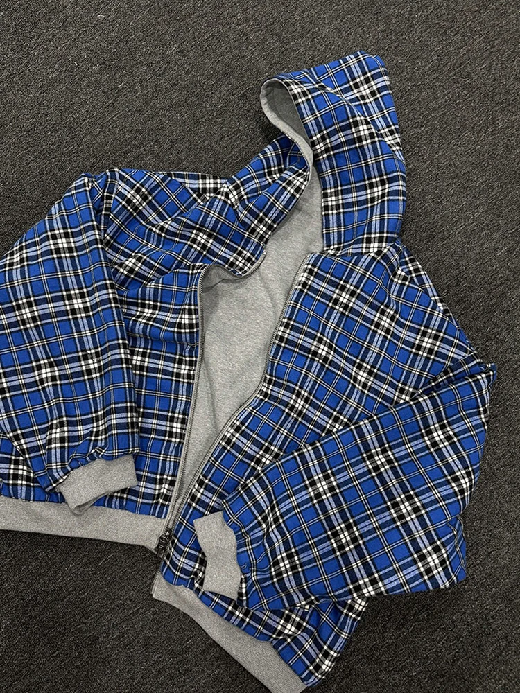Winterliche Casual-Kapuzenpullover mit Karomuster für Damen, Y2K-Stil, doppelseitig tragbar, modisches, lockeres Sweatshirt mit Kapuze, trendige Damenjacke. – Detail 4