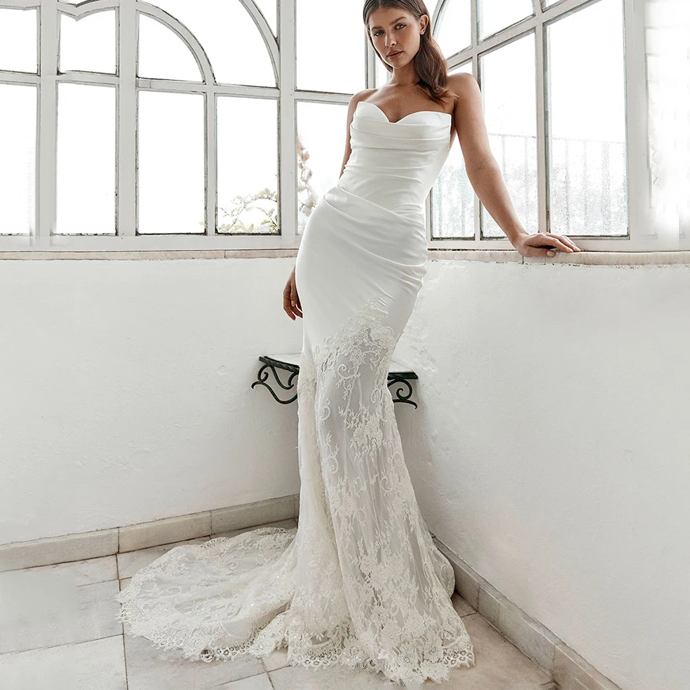 

Fashion Mermaid Wedding Dress V-Neck Strapless Sleeveless Pleat and Lace Sweep Train Bridal Customized Vintage robe de mariée
