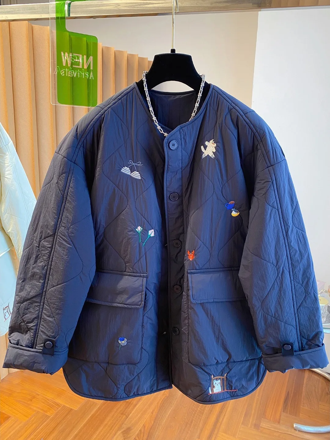 جايت قطني خفيف الوزن مطرز كوري فضفاض مناسب للخريف والشتاء ملابس خارجية أنيقة طويلة Sve مستديرة...