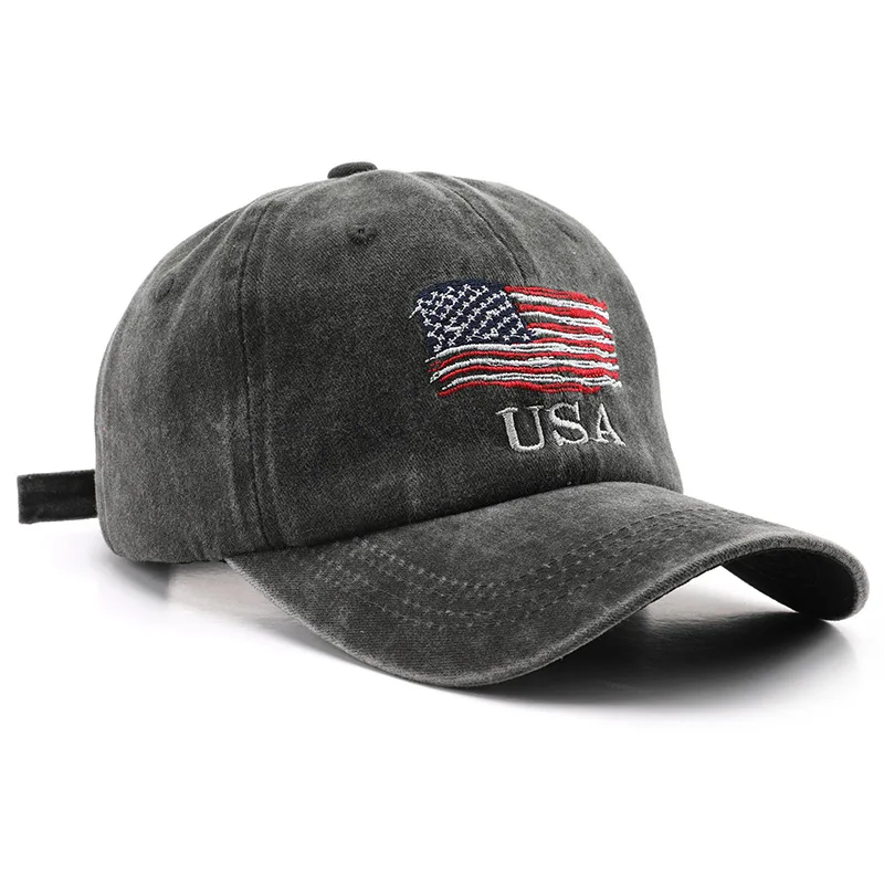 USA American Retro Men\'s and Women\'s Baseball Hat Street Letter Embroidery Retro Flat Bottom Hat Flag Grey Black Hip Hop Hat