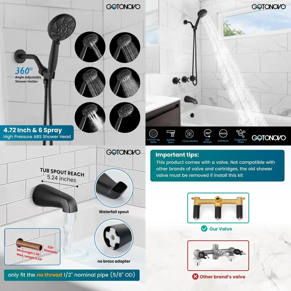 

6-насторонний матовый черный смеситель для душа с ручным распылителем и настенным креплением