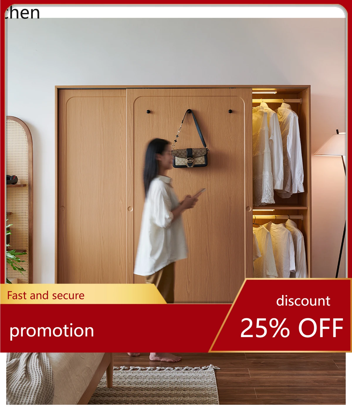 

ZML furniture wardrobe sliding door household bedroom clothes storage locker large wardrobe solid wood sliding door wardrobe