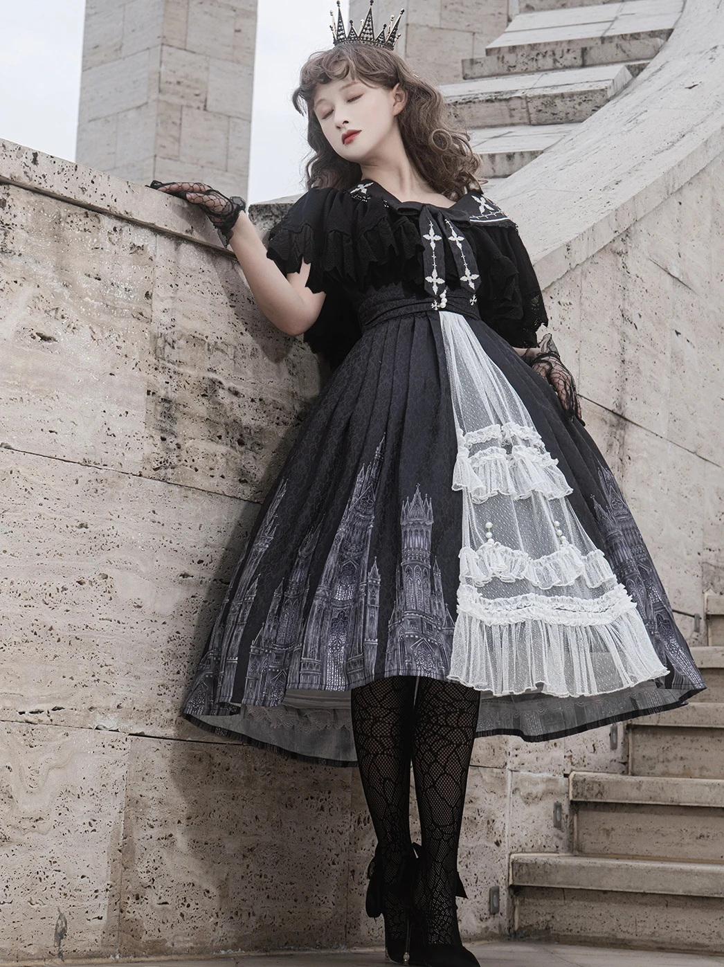 Vestido lolita de igreja silenciosa, série cla escura retrô gótico diário original, vestido de manga curta, primavera e verão