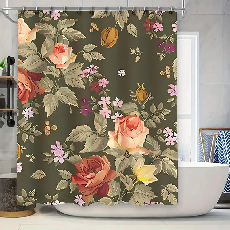 

Home Decor Shower Curtain with Spring Blossom Floral Design Dark Green Color for Bathroom Decoration 3D Printed Waterproof Fabri