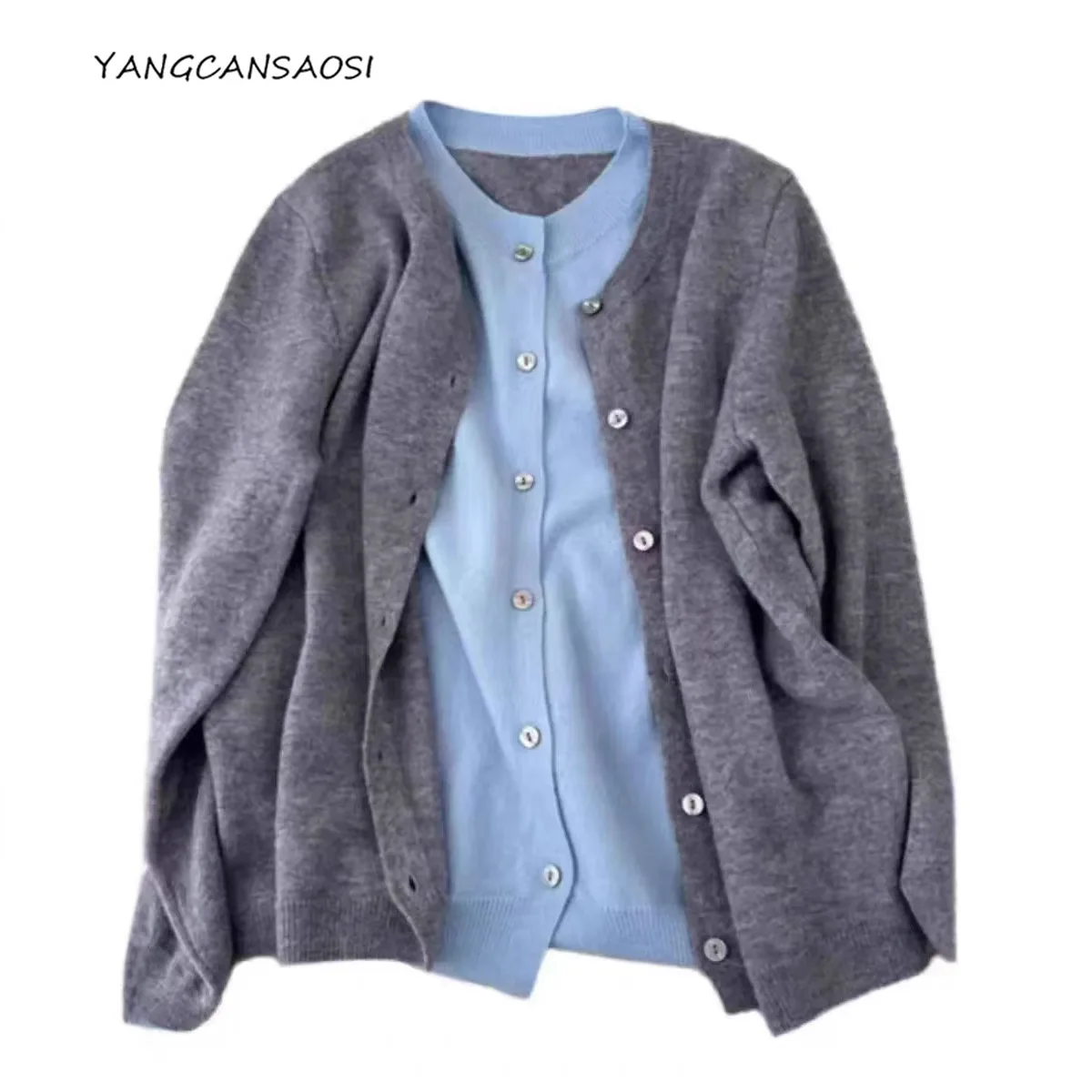

2025 Meilino Pure Wool Loose Lazy Style Soft Sticky Knitted Sweater European Goods Gray Blue Contrasting Fake Two-piece Cardigan
