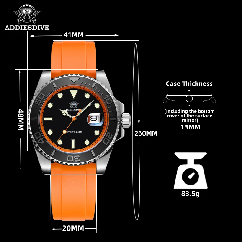 Addiesdive relógio masculino à prova dwaterproof água cor moldura rotativa tpu cinta 41mm relógio de quartzo bgw9 calendário luminoso relogios masculino