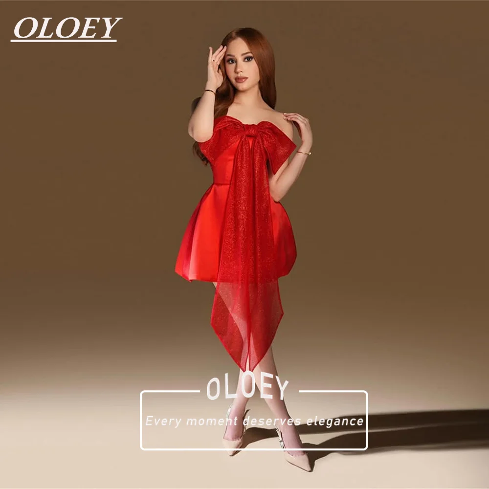 

OLOEY Modern Red Short Prom Cocktail Dress Strapless Satin A-Line Mini Wedding Party Gown Big Bow Customized Corset Back
