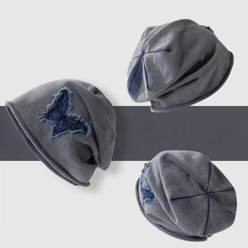 

Autumn Winter Casual Denim Butterfly Brushed Solid Color Rolled Edge Pullover Hat New Retro Face Slimming Beanie Super Versatile