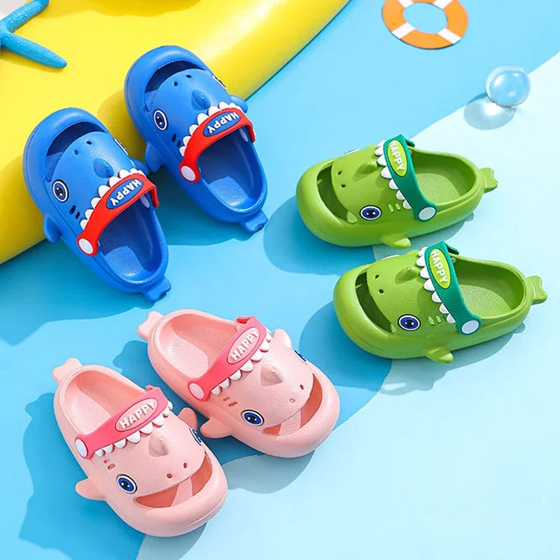 New Summer Cartoon Shark Slippers Children\'s Non-Slip Soft Sole Sandals Cute Baby Boys Girls Home Slides Outdoors Garden Shoes