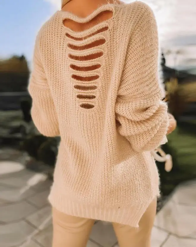 

Hot Selling Women 2024 Spring Autumn Winter Sweater Solid Color V-Neck Long Sleeve Ladder Cutout Open Back Chunky Knit Sweater