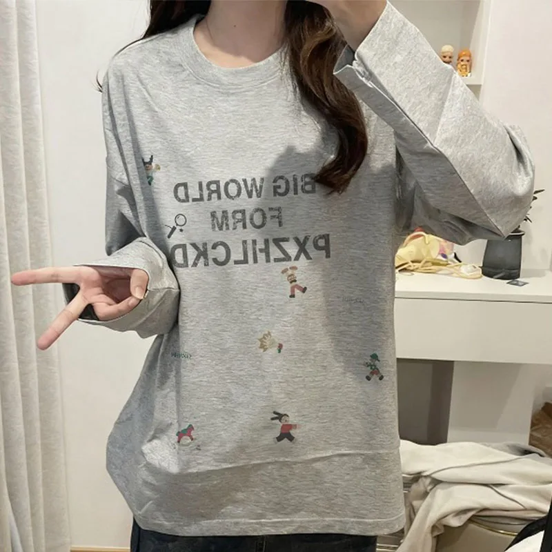 

Popular American Spliced round Neck Long-sleeved T-shirt Women in Spring Autumn Loose and Versatile Bottoming Top