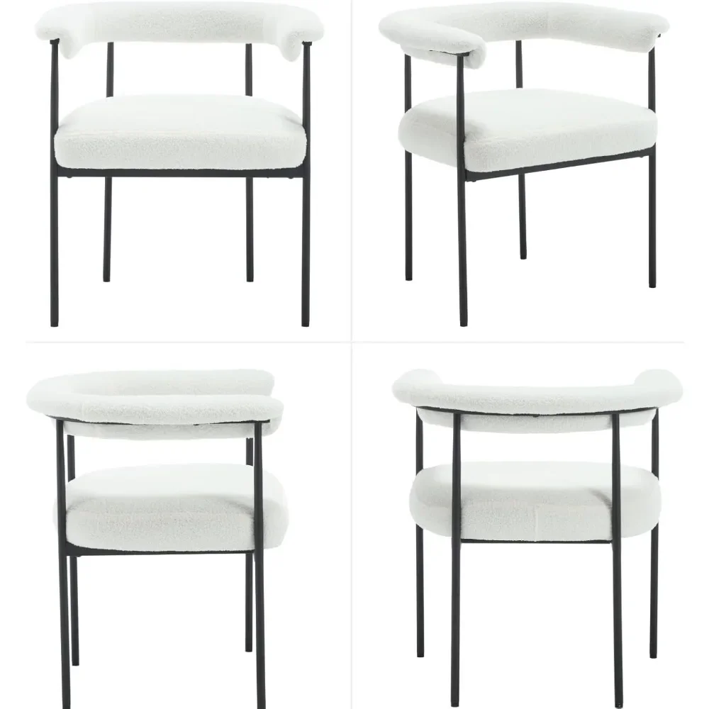 Ensemble de 4 chaises modernes, fauteuil Sherpa avec dossier tonneau, cadre en métal noir pour salon, blanc