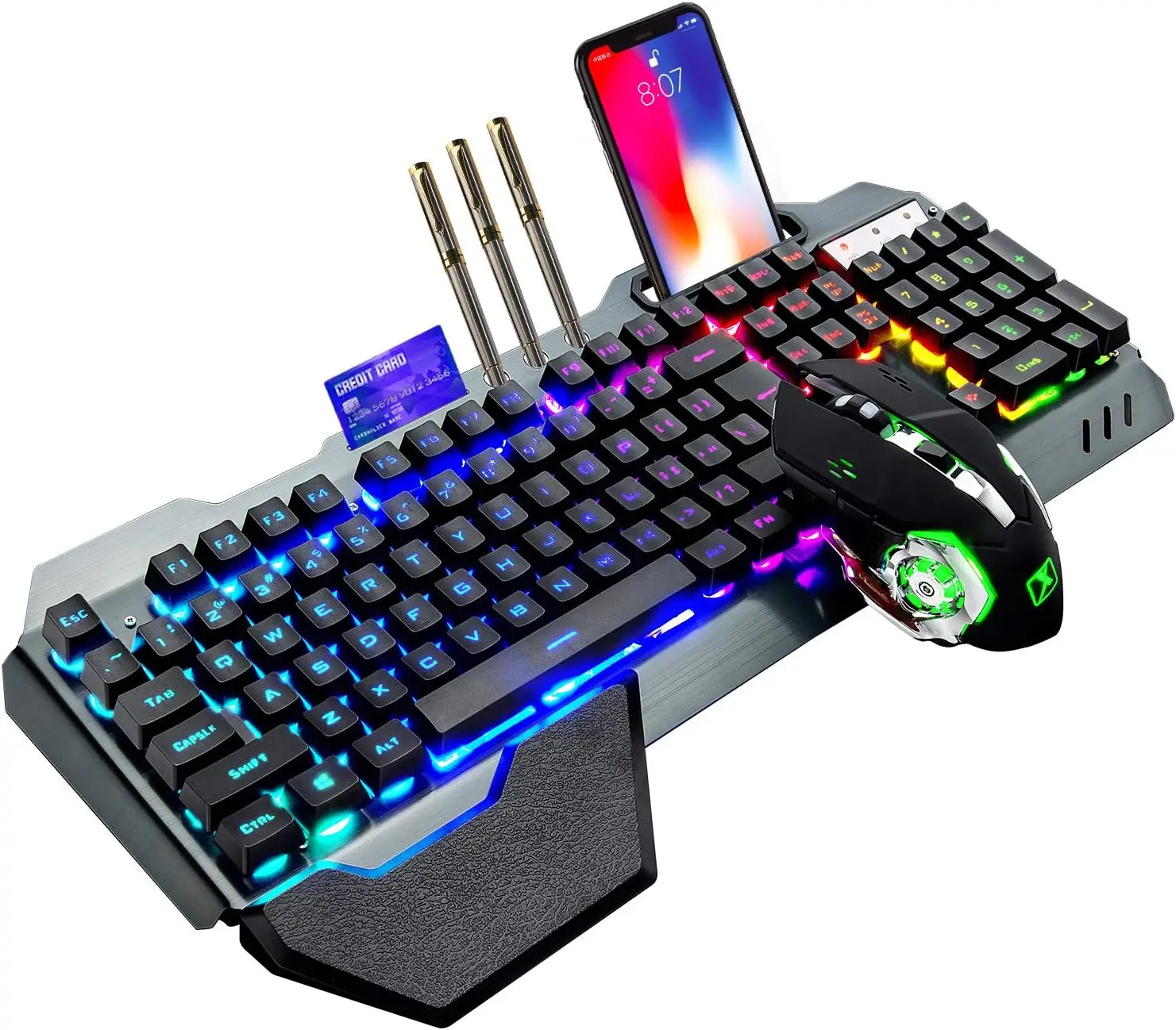 K680 Wireless Gaming Keyboard and Mouse Combo,Rainbow LED Backlit Keyboard with Rechargeable 3800mAh Battery Metal Panel