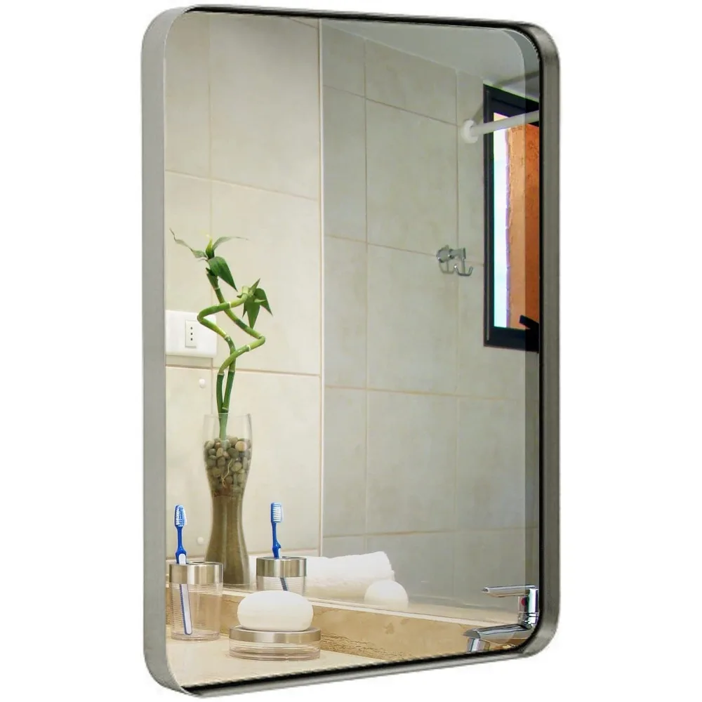 

Silver bathroom mirror with rectangular rounded corners, set design large wall mirror, can be hung horizontally and vertically