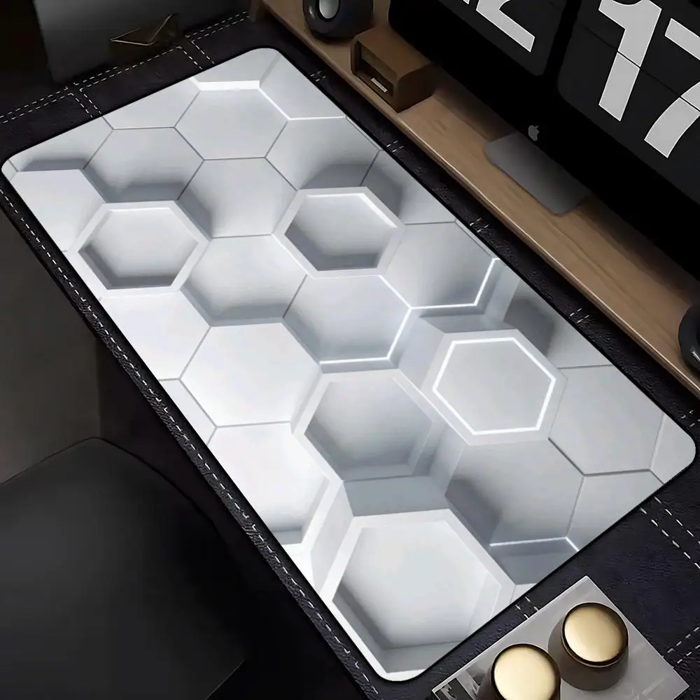 Large XXL Gaming MousePad Desk Mat Keyboard Pad White Hexagon Geometric Tunnel Print Non Slip Rubber Base Stitched Edge Minimal
