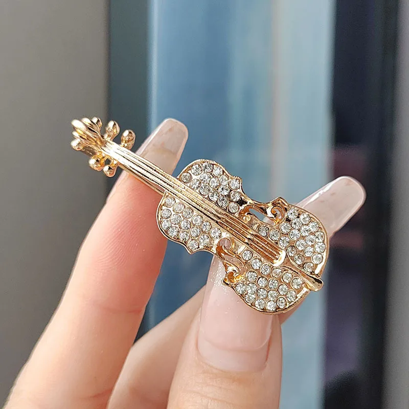 Shinny Crystal Music Violin Pearl Brooch For Women Exquisite Concert Accessories Clothingdecoration Collar Pins