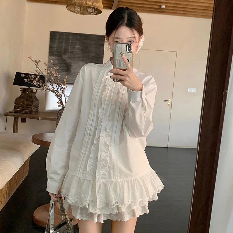 

Lace Patchwork Long Sleeve Shirts Women Elegant Sweet Lace Up Stand Collar Tops Korean Vintage All Match Chic Loose Blouse New