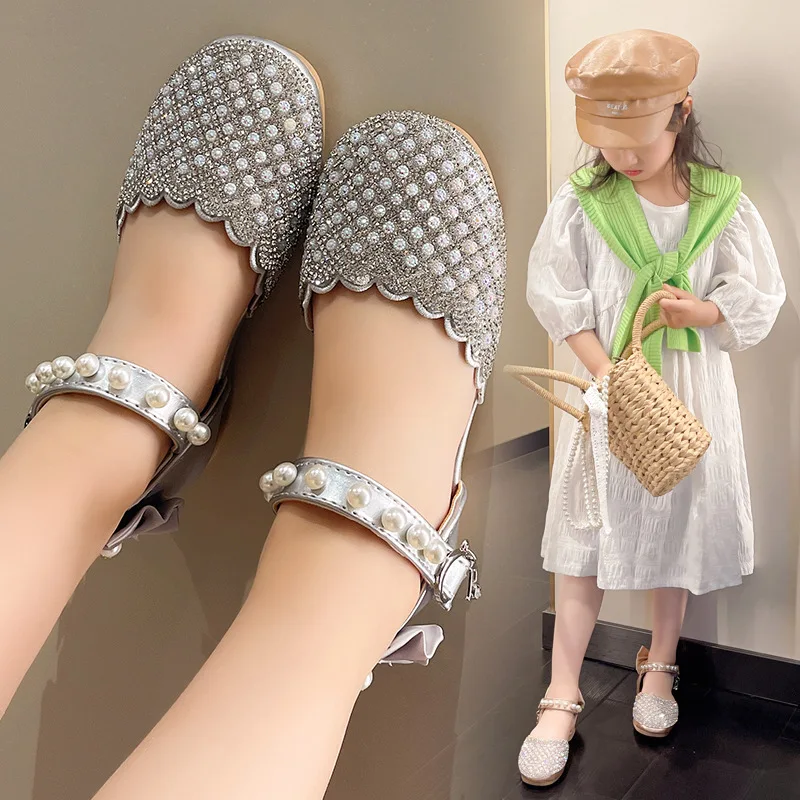 Children's Crystal Slipper Girls Princess Performance Shoes for Wedday Party 3-12Years Old Kids Gold Silver Rhinestone Sandal