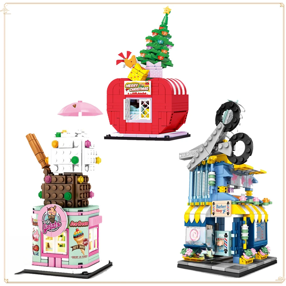 MINI Street View Series Apple Gift House Barber Shop Ice Cream Shop Assembling Building Block Toys Decorative Ornaments Gift