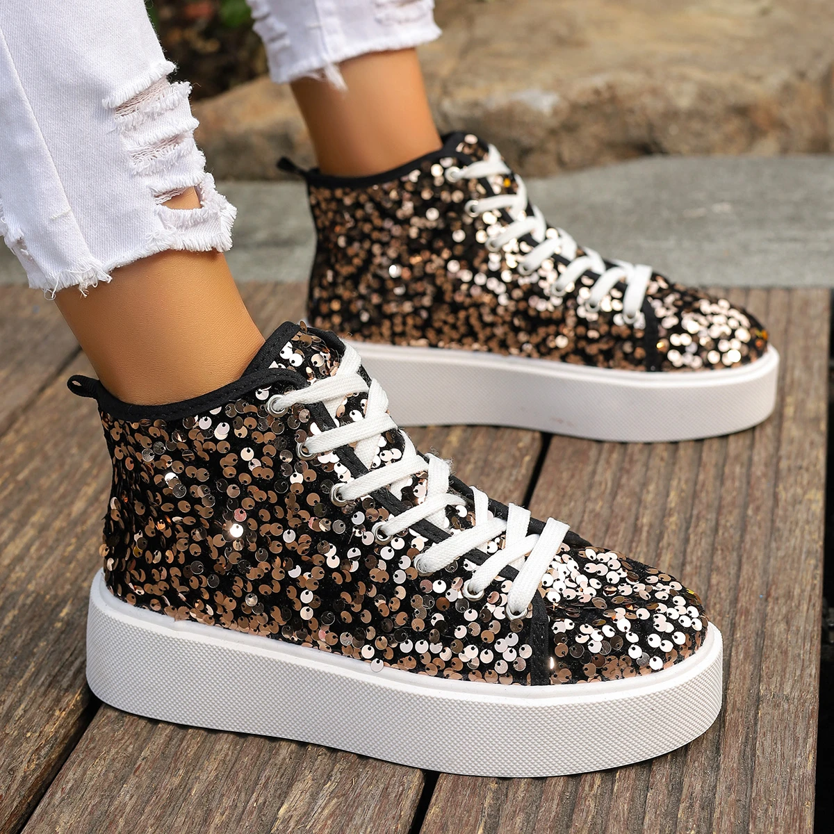 Women Shoe High Top Gold Glitter Sneakers Lace Up Platform Shoes Flat  Designer Shoes Women Sequins Shoes for Women Plus Size 43