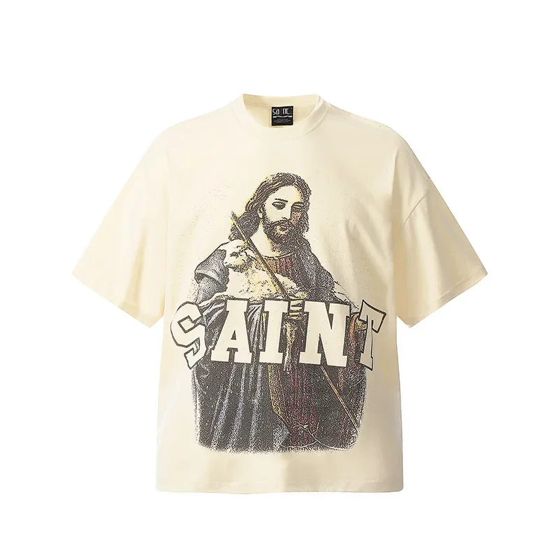 Apricot Saint T-shirt Portrait Retro Printing Men Woman High Quality High Street Hip Hop Loose O-Neck Casual Top Tees