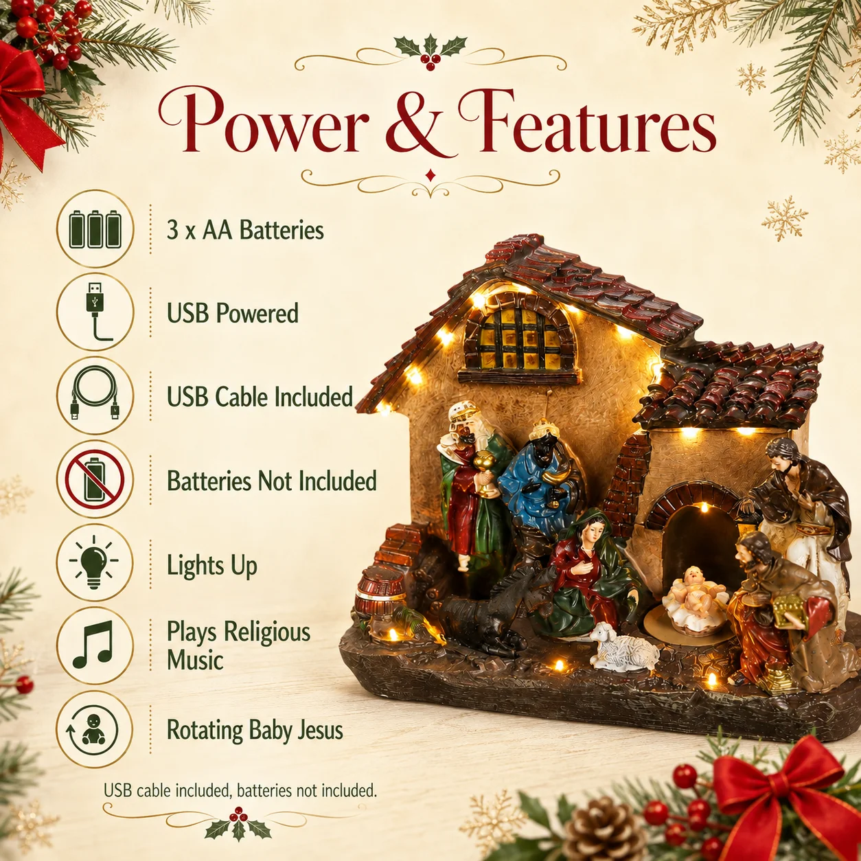Nativity Scene Music Box with Rotating Baby Jesus, Lighted Tile-Roof Stone House, Holy Family & Kings 22cm