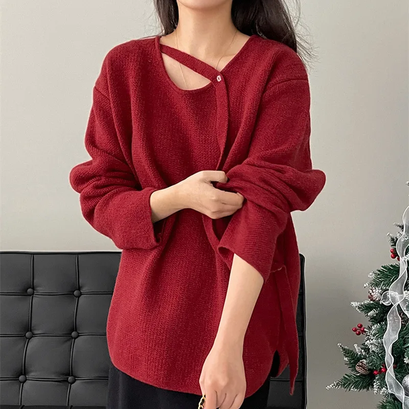 

2025 Autumn/Winter New Design Knitted Sweater with Waist Strap Side Buckle Gentle Style Solid Color Sweater for Women
