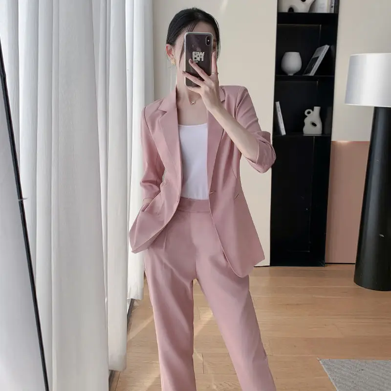 2024 Summer New Candy Color Unlined Thin Jacket Blazers Pencil Pants Two Piece Set Elegant Women\'s Office Business Set