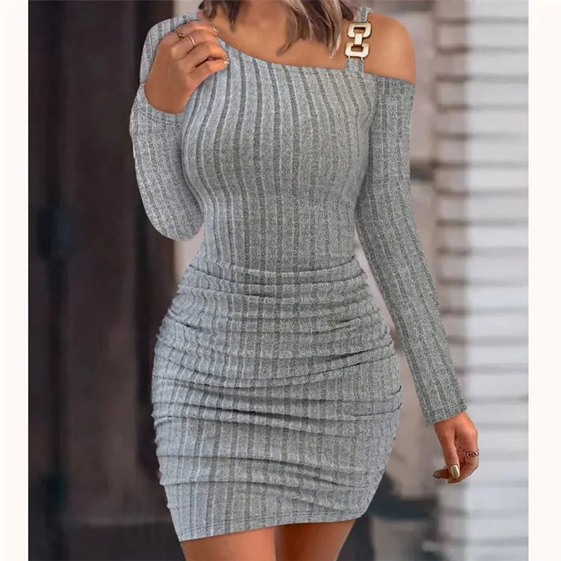 

Sexy Chain Off Shoulder Mini Dress Women Autumn Fashion Bodycon Long Sleeve Dresses For Women Winter Skinny Knitted Vestidaos