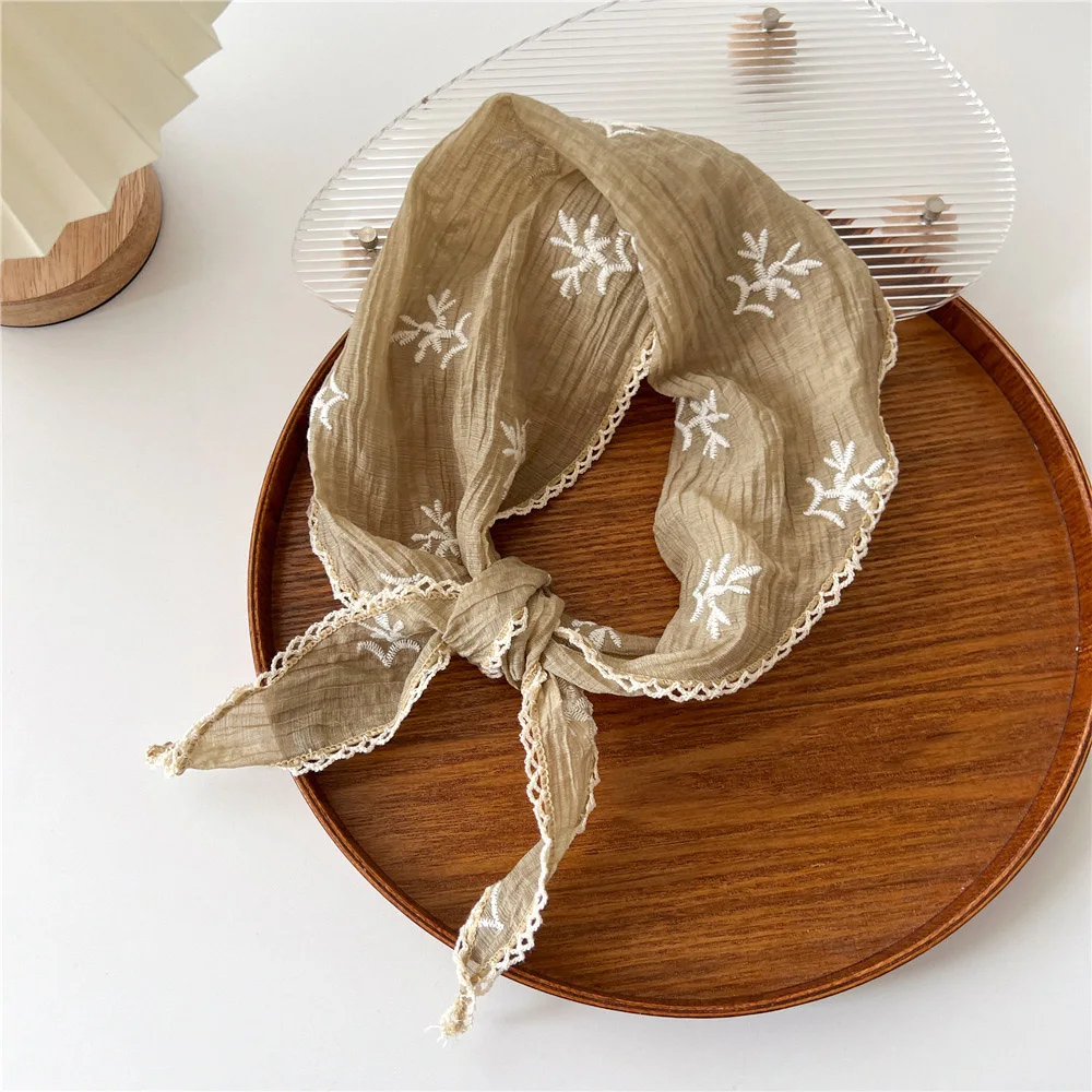 2024 New Small Sqaure Scarf Shawls Decora Linen Cotton Lace Triangle Scarf Summer Floral Hair Scarf Headband Sunscreen Headscarf