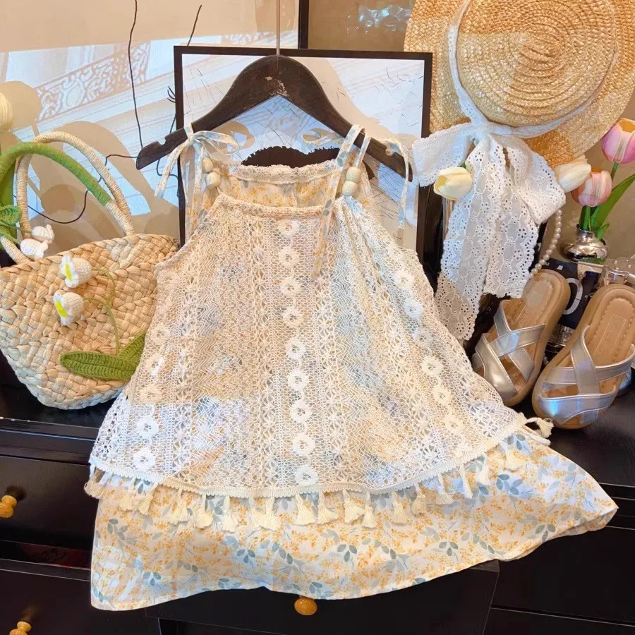 Girls Suspender Summer 2025 New Korean Version of The Holiday Style Lace Fringe Floral Sweet Two-piece Dress