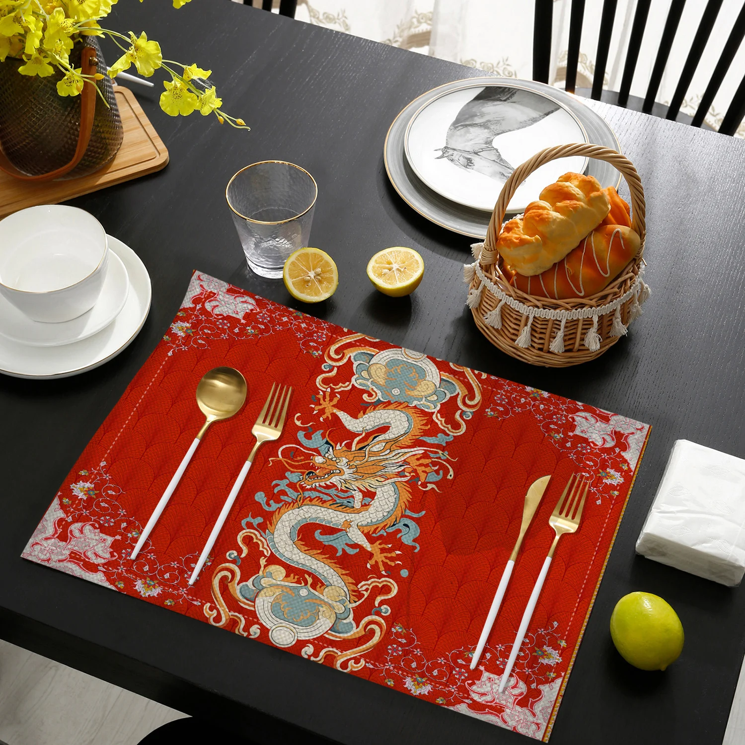 4/6pcs Chinese Dragon Pattern Linen Placemats For New Year Party Table Mats for Dining Table Kitchen Accessories Home Decor