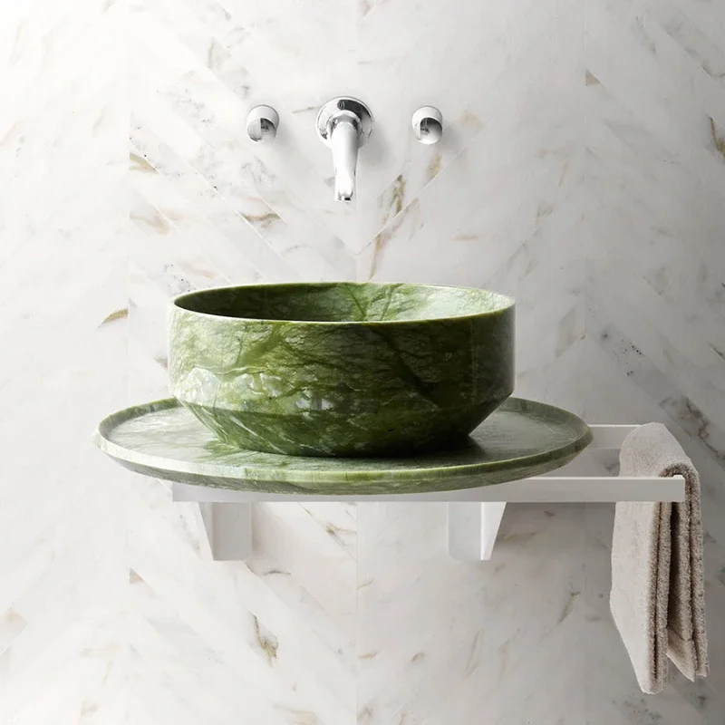 

Nordic light luxury bathroom natural green marble countertop basin balcony single round washbasin