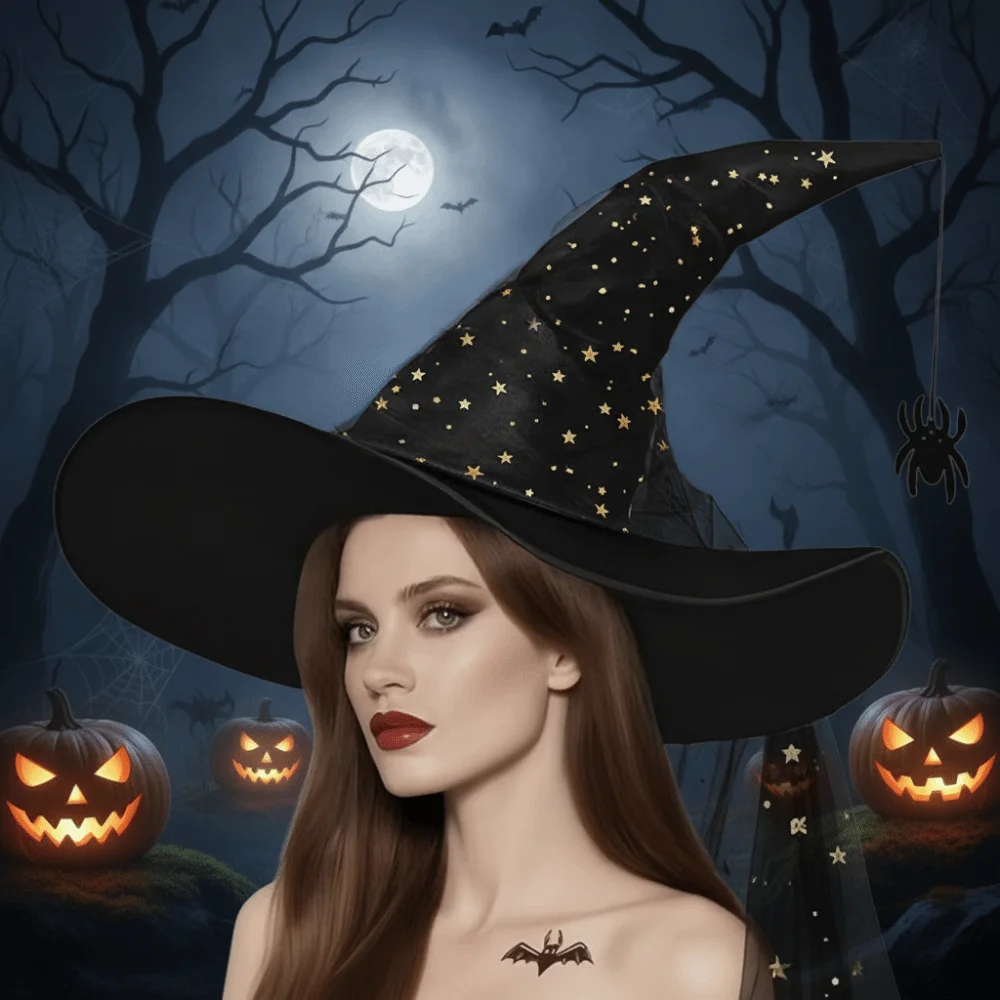 Funny Mesh Yarn Cover Halloween Witch Hat Spider Bat Pendant With Veil Wizard Cap Bendable Gothic Pointed Mage Hat Role Play
