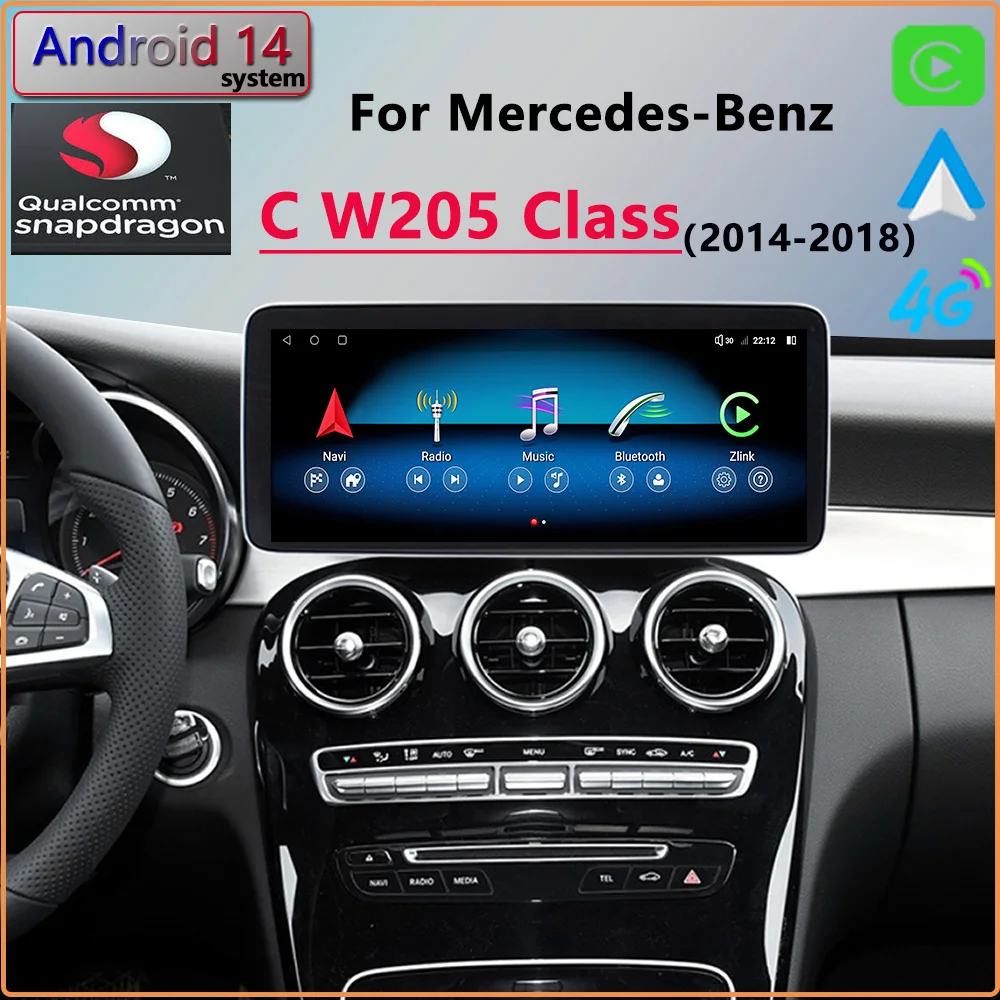 W205 Android14 Qualcomm For Mercedes Benz Class C200 C260 C300 2014 Car Radio GPS Navigation CarPlay Netflix Multimedia Player