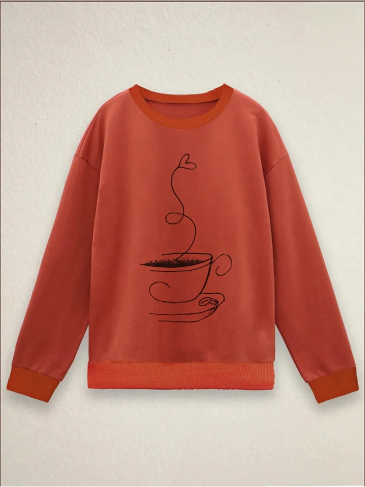 Geometric Print Long Sleeved Orange Round Neck Women\'s T-shirt Street Versatile Casual Comfortable Autumn Top