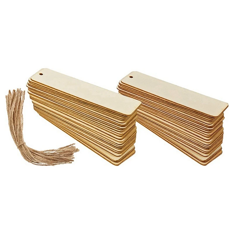 100Pcs Wooden DIY Bookmark Blank Bookmarks With Ropes Wooden Book Markers Rectangle Thin Hanging Tag