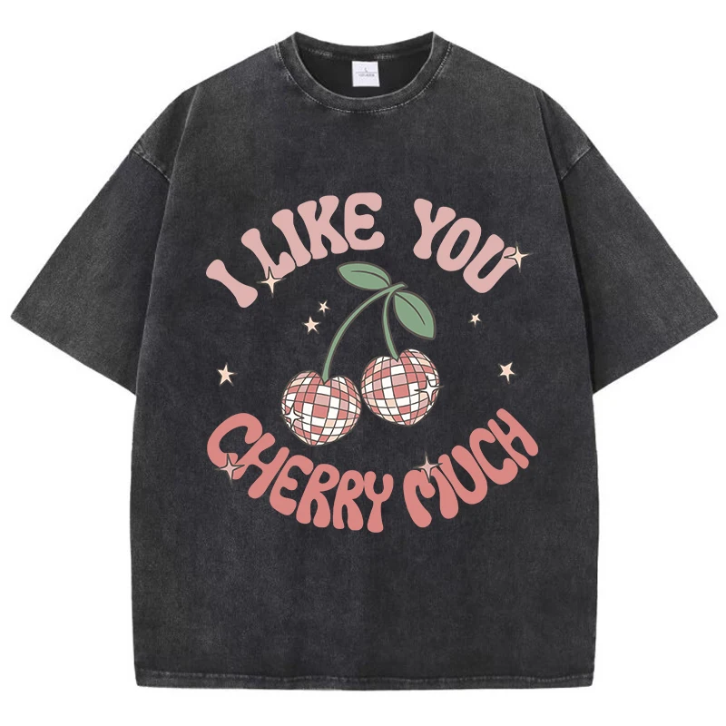 I Like You Cherry Much Print Men Distressed Washed Tshirts Summer Fashion T-Shirt Breathable O-Neck Tee Shirts Soft Cotton Tops