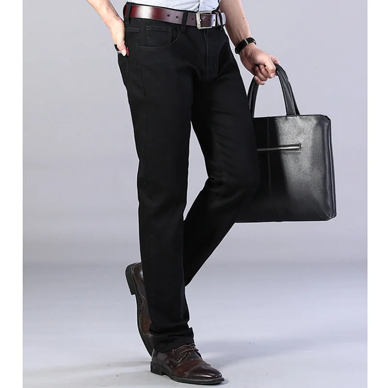 Men's Slim Fit Elastic Jeans High-quality Casual Pure Black Summer Breathable Thin Design