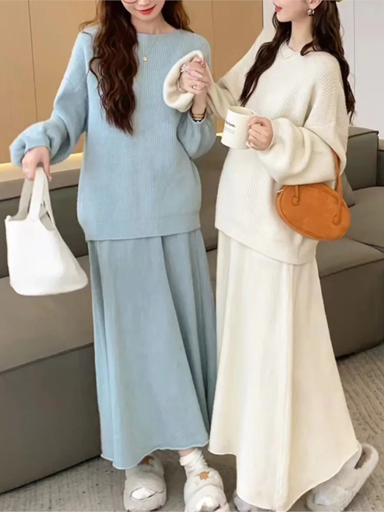 Autumn  Winter New Women Casual 2 Piece Set Elegant Solid Sweater Top A-Line Long Dress Suit Office Lady Knitted Outfit Fashion