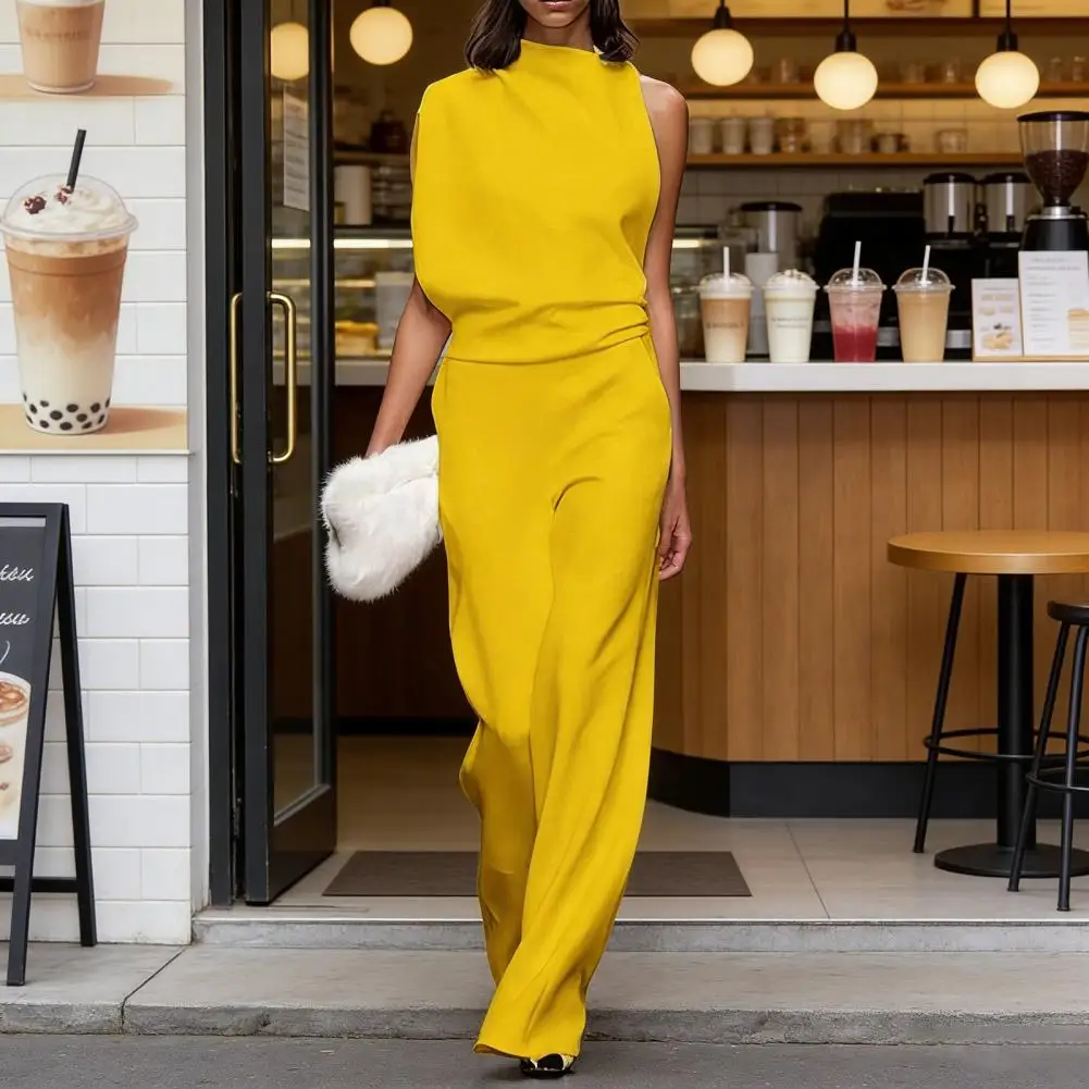 Summer Jumpsuit One Piece Jumpsuit for Women Mock Neck Romper Wide Leg Summer Outfit with Pockets Ruched Vacation Style Women