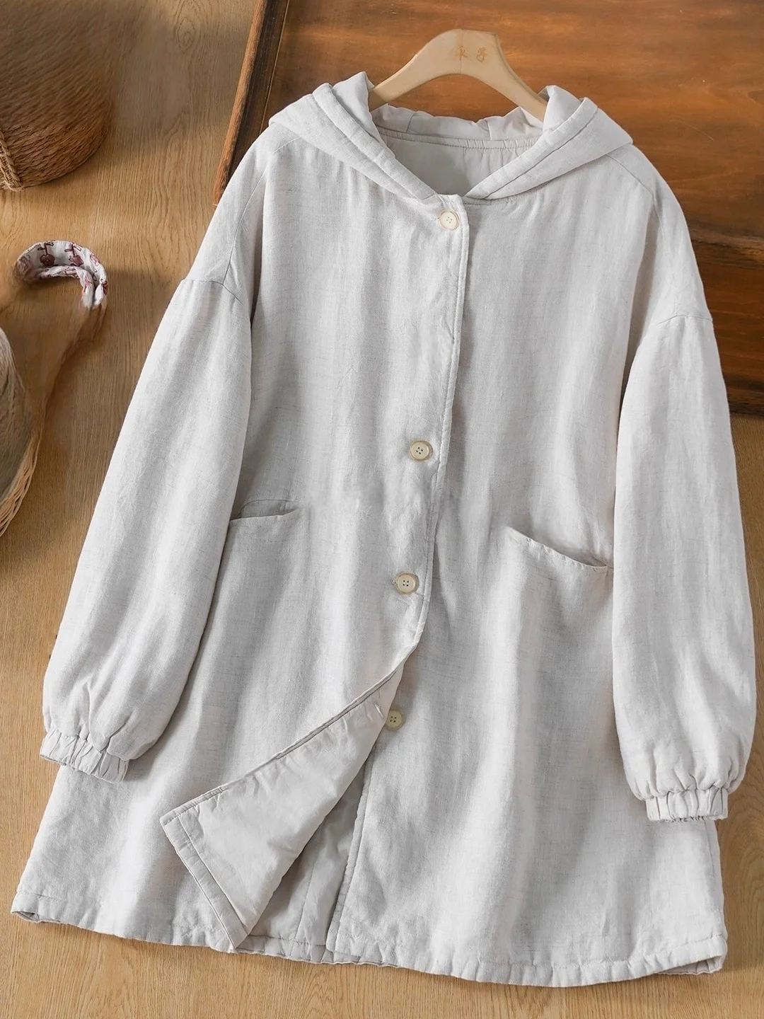 

Художественное длинное хлопковое пальто с капюшоном Thi, теплое пальто средней длины, винтажное японское пальто для поездок на работу, модный дизайн внутренней части