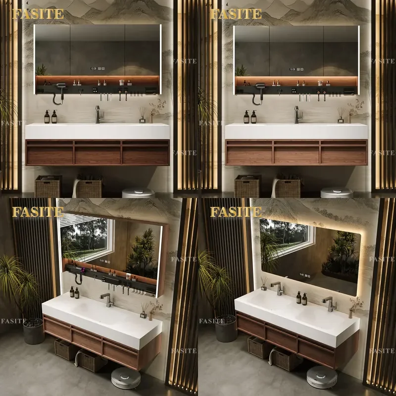 For Bathroom Light Luxury Antique Style Rock Slab Hot Bending Integrated Basin Solid Wood Washstand Cabinet Vanity Combo