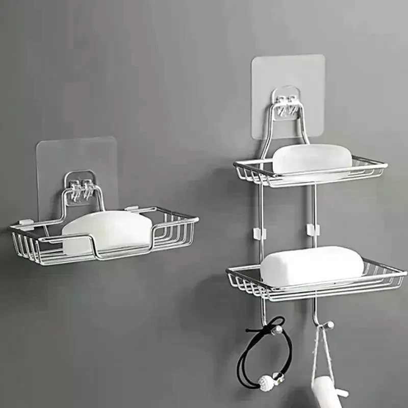 1 Pc Stainless Steel Double Tier Draining Soap Dish No Drill Wall Mounted Rack for Bathroom Kitchen Shower Storage Organizer view 2