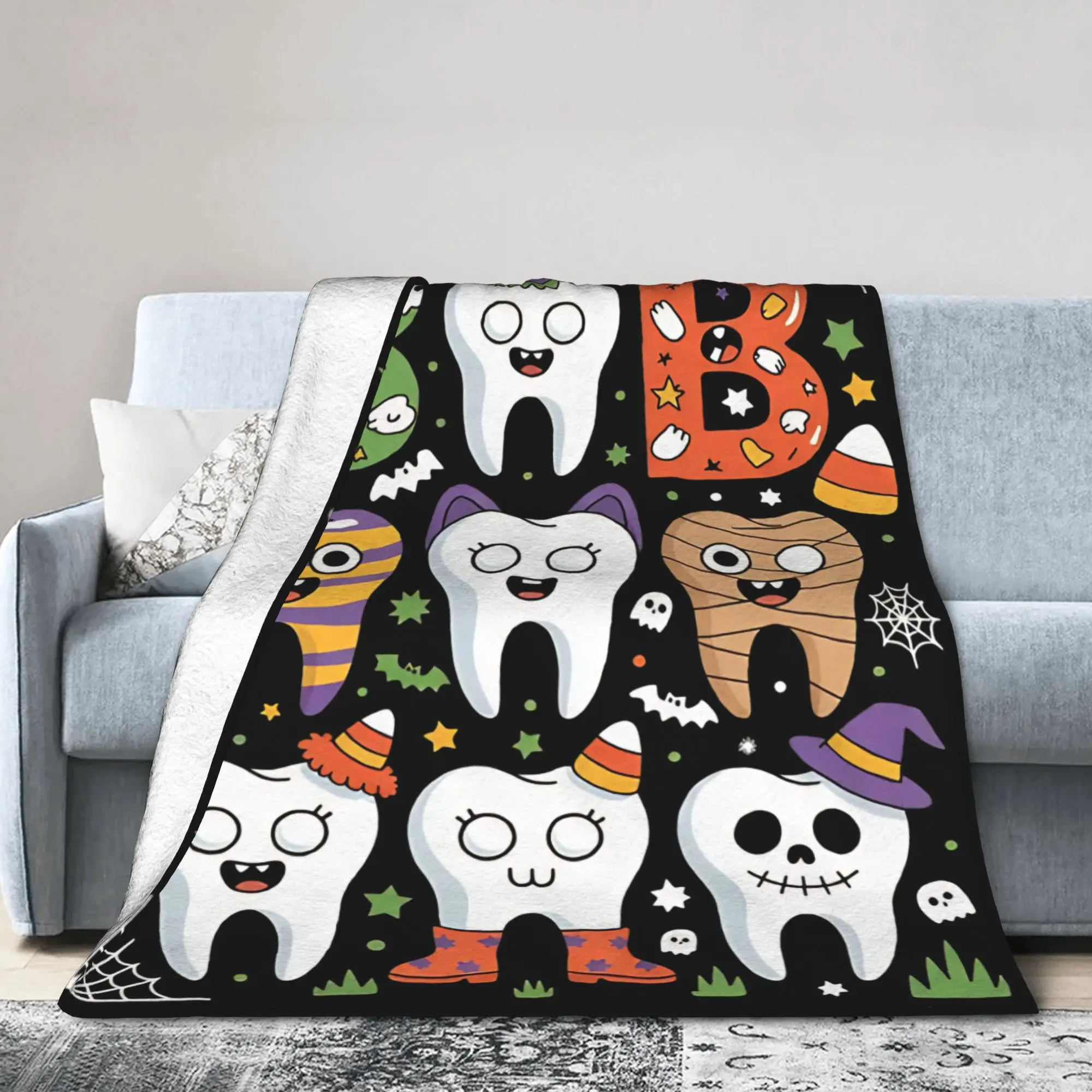 Dental Boo Tooth   Wool Blanket Cartoon Teeth Helloween Vintage Throw Blankets for Bed Sofa Couch 125*100cm Plush Thin Quilt,
