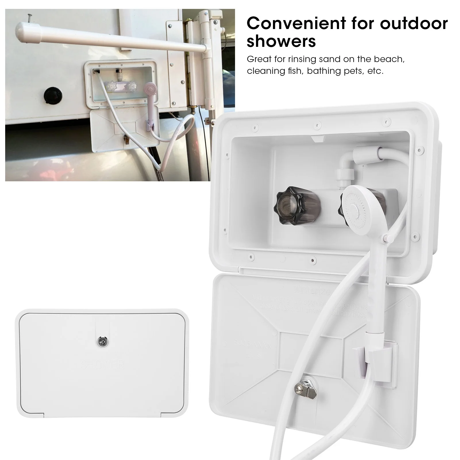 Caja de ducha exterior con cerradura, Kit de lavado Exterior de plástico montado en la pared para barco, autocaravana, accesorios de acampada, 1 ud.