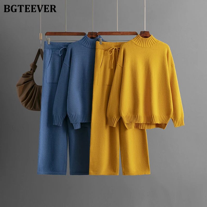 BGTEEVER Stylish Thicken Warm Loose Female Knitted Outfits Long Sleeve Half High Collar Sweaters Women Drawstring Trousers Suits