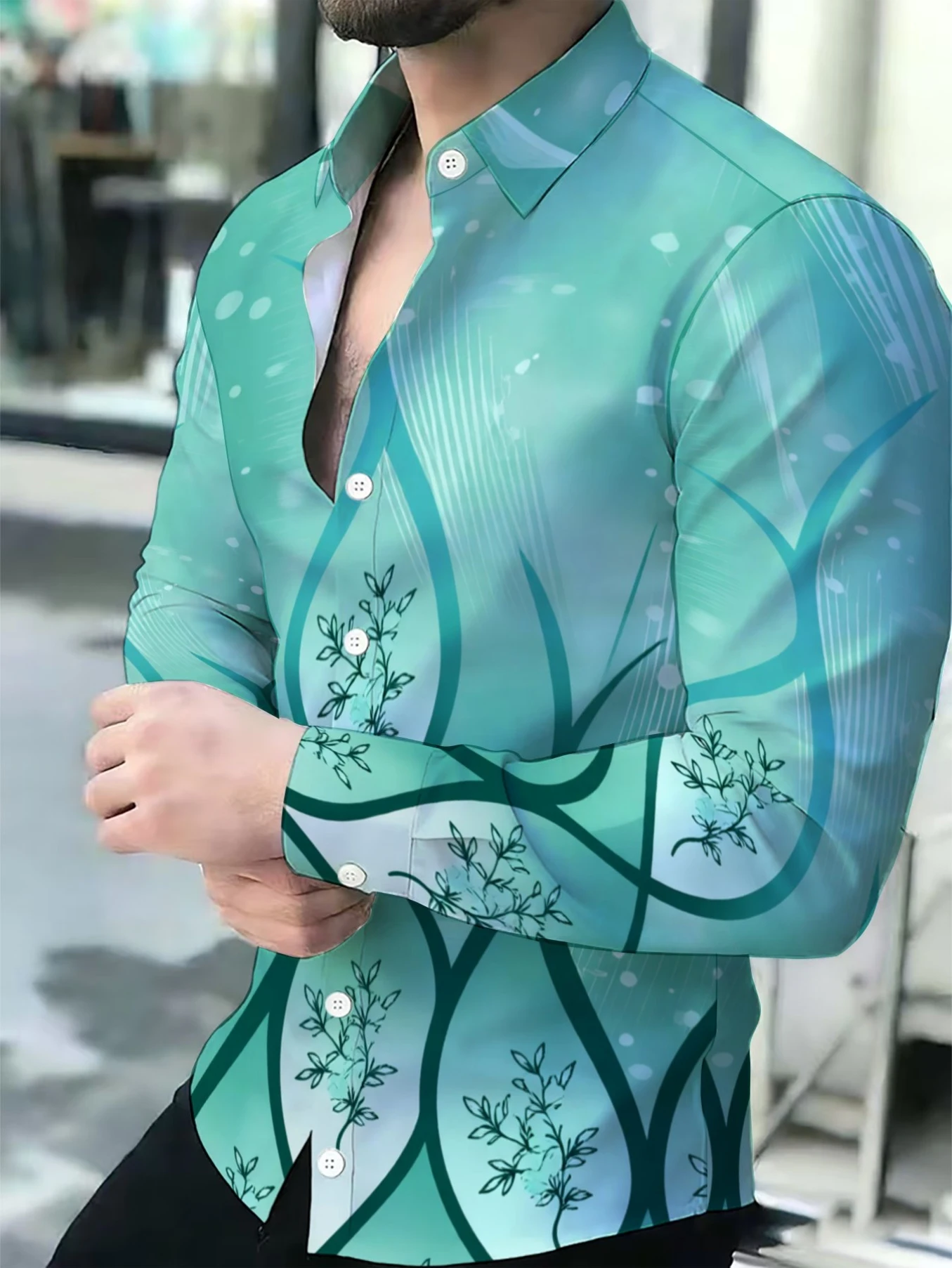 Men Hawaiian Tropical Hibiscus Leaf Print Long Sleeve Shirt Turn‑down Collar Button Up Beach Vacation Shirts