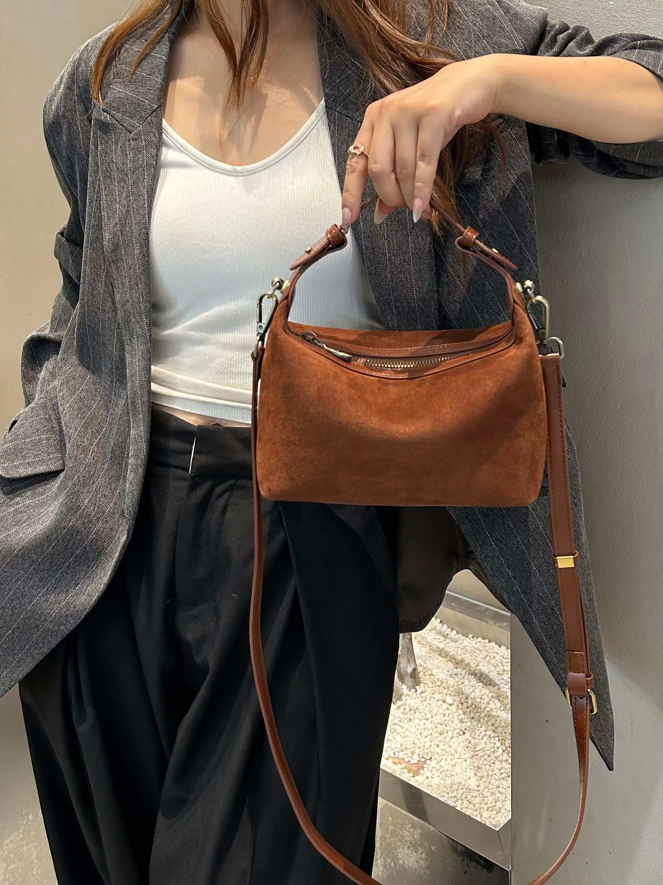 Suede Matte Top Layer Cowhide Women Bag, Aidrani Retro Mini Shoulder Purse, Top Handle Handbag for Daily Use